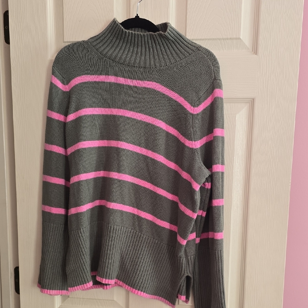 Women’s Gray Mock Neck Sweater‎ with Pink Stripes